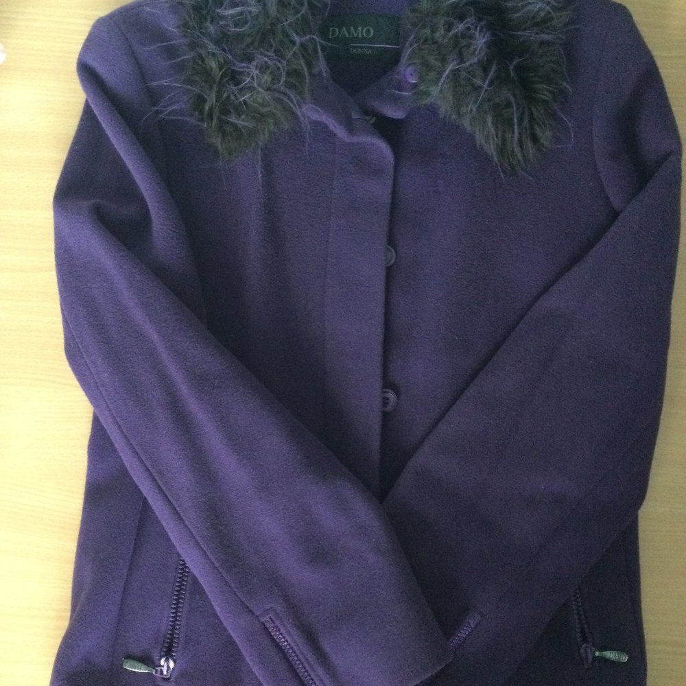Women's wool & cashmere fake fur collar short coat purple fabrics made in Italy
